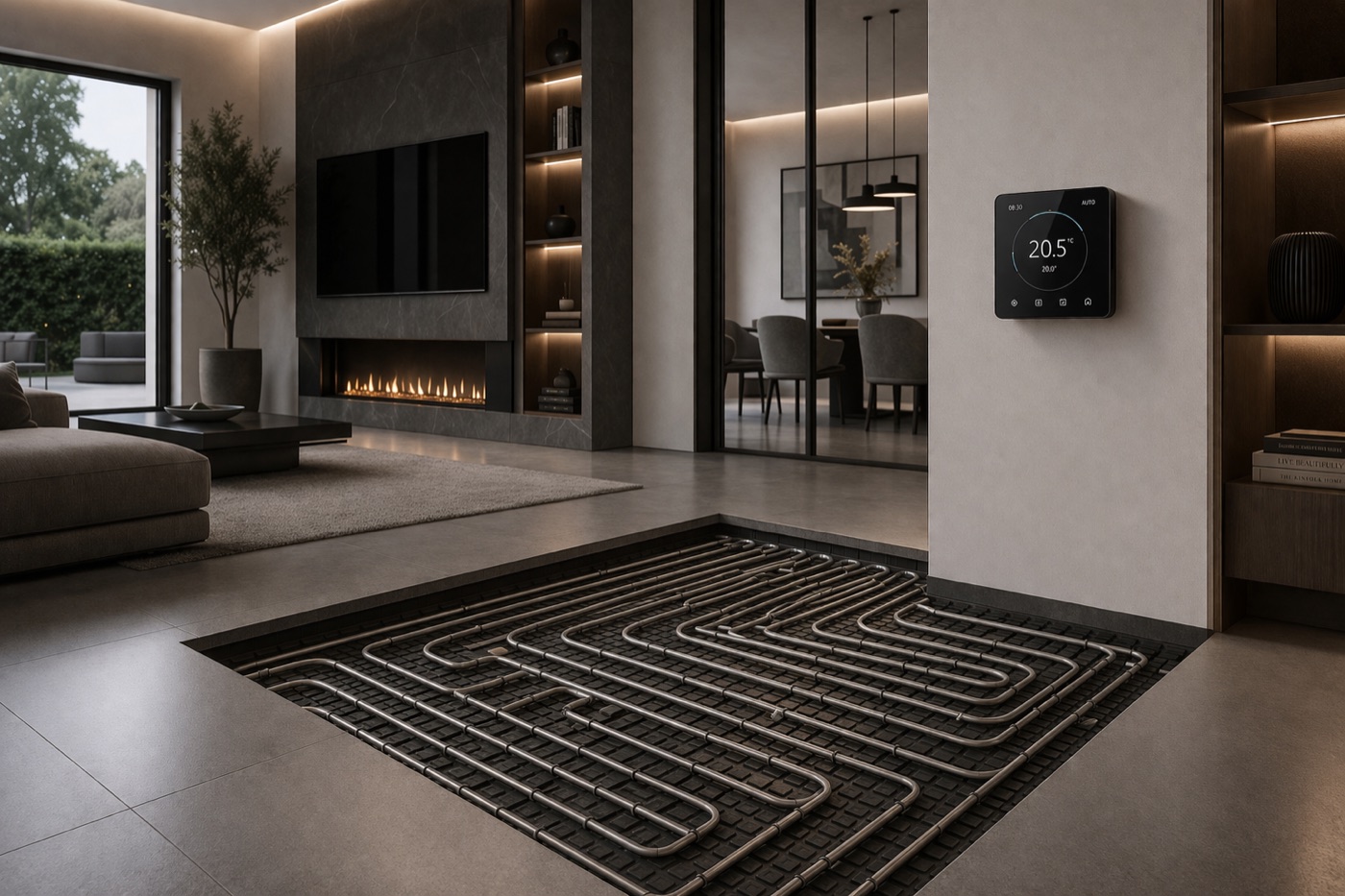 Vloerverwarmingsbuizen in de vloer van een moderne leefruimte, met een slimme thermostaat aan de wand