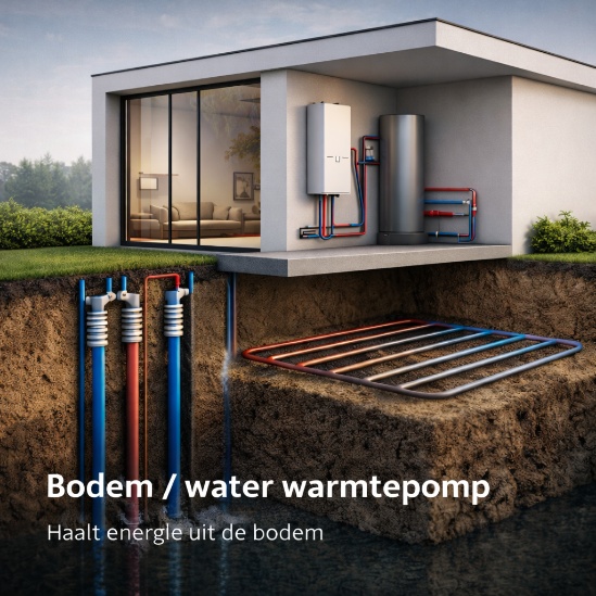Doorsnede van een woning met verticale boringen en een horizontaal captatienet in de bodem