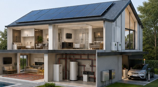 Doorsnede van een moderne woning met warmtepomp, sanitair warm water, vloerverwarming, zonnepanelen, thuisbatterij en laadpaal